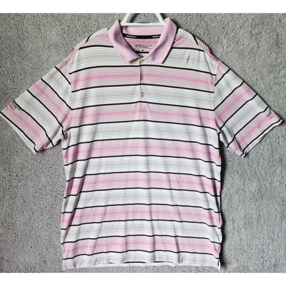 Nike Golf Tour Performance Pink &‎ White Striped Dri-Fit Polo Shirt Size Large